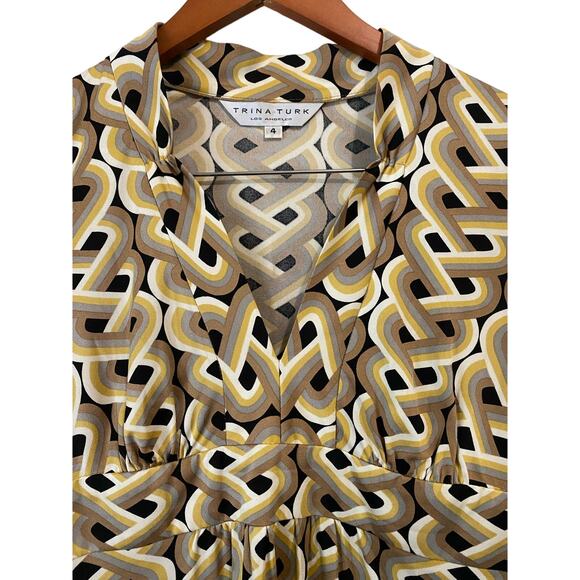 Trina Turk 100% Silk Mini Dress US 4 Neutral Geometric Print Retro Hippie 70s - Picture 3 of 9